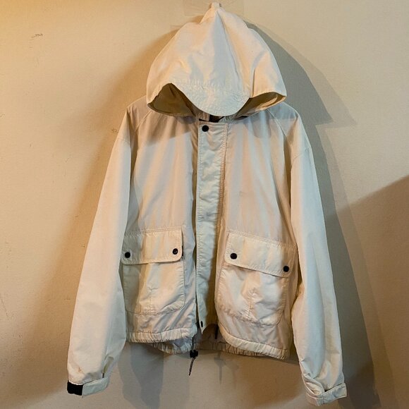 EDDIE BAUER LARGE WHITE WINDBREAKER JACKET WITH HOOD / USED - GOOD CONDITION - Picture 1 of 4